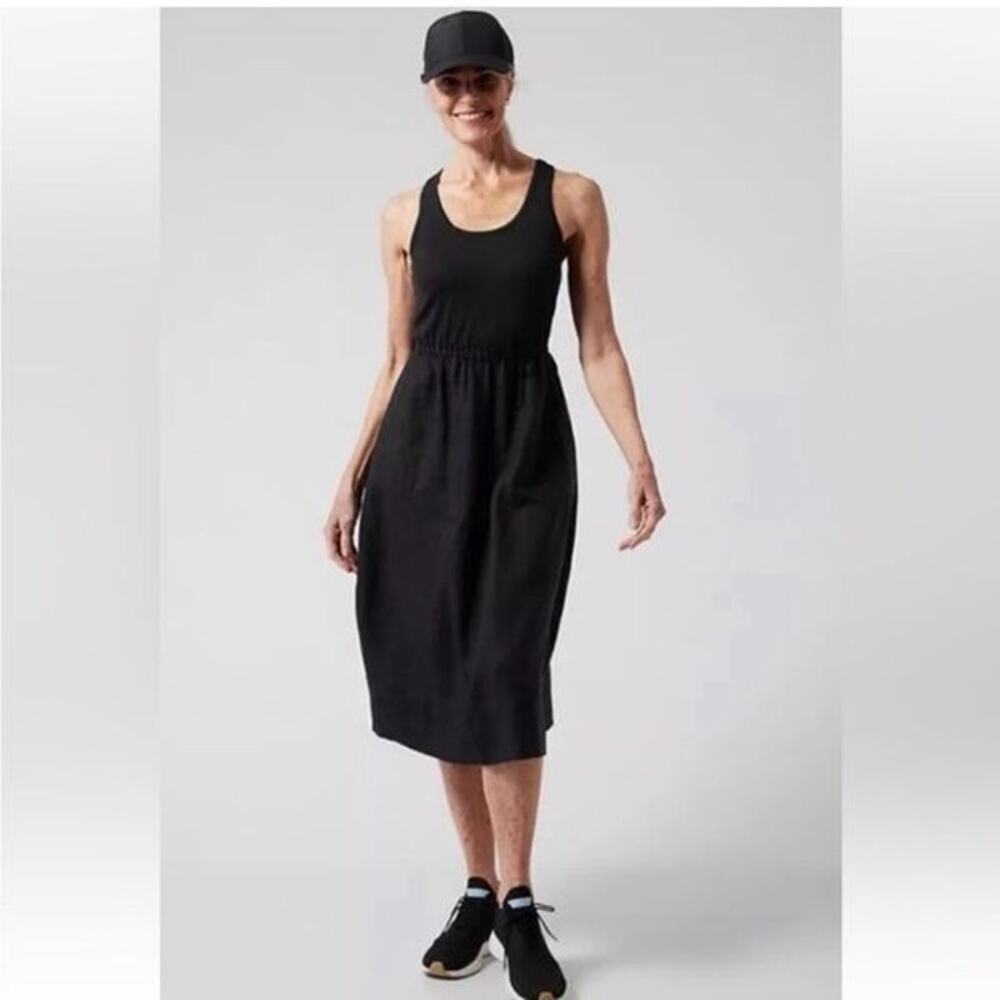 Athleta Baja Linen Racerback Casual Travel Lightweight Midi Dress - Black S